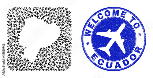 Vector mosaic Ecuador map of airflight elements and grunge Welcome seal stamp. Mosaic geographic Ecuador map created as carved shape from rounded square shape using airplanes.