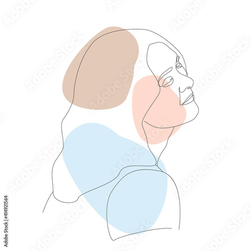 illustration of black outline girl with closed eyes. Spots of blue pink beige. skin care, makeup. for design, poster, wallpaper, beauty industry. vector drawn by hand on a white background