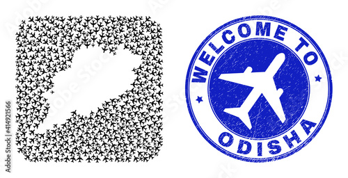 Vector collage Odisha State map of air vehicle elements and grunge Welcome stamp. Collage geographic Odisha State map designed as stencil from rounded square shape with airplanes.