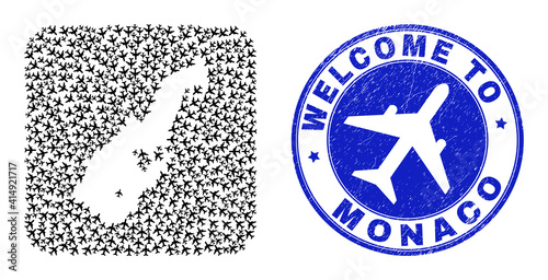 Vector collage Monaco map of delivery items and grunge Welcome seal. Collage geographic Monaco map created as carved shape from rounded square shape using aircrafts.