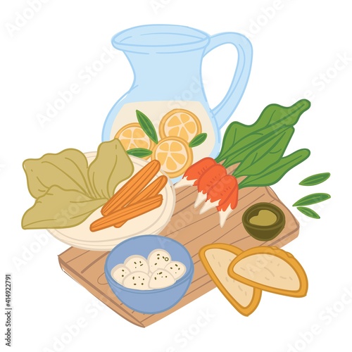 Restaurant or diner meal served on wooden board