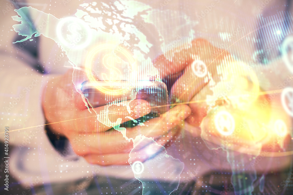 custom made wallpaper toronto digitalDouble exposure of man's hands holding and using a digital device and forex graph drawing. Financial market concept.