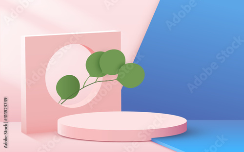 Abstract scene background. Cylinder podium with leaves on pink background. Product presentation, mock up, show cosmetic product, Podium, stage pedestal or platform.