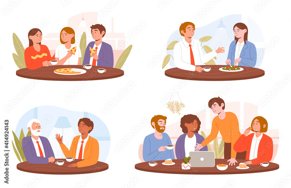 Collection of diverse multiracial happy colleagues eating together.  Business team informal meeting after work, talking, celebrating success.  Set of flat cartoon vector illustrations isolated on white Stock Vector |  Adobe Stock