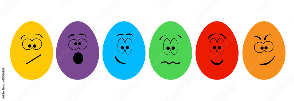 Funny colorful eggs.Cartoon eggs with different faces isolated on white background.Happy Easter concept. Funny colorful eggs.Cartoon eggs with different faces isolated on white background.Happy Easter concept.