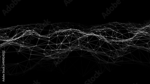 Abstract wave with moving dots and lines. Flow of particles. Vector cyber technology illustration.