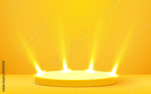 Stage Podium Scene for Award Ceremony illuminated with spotlight. Award ceremony concept. Stage backdrop.