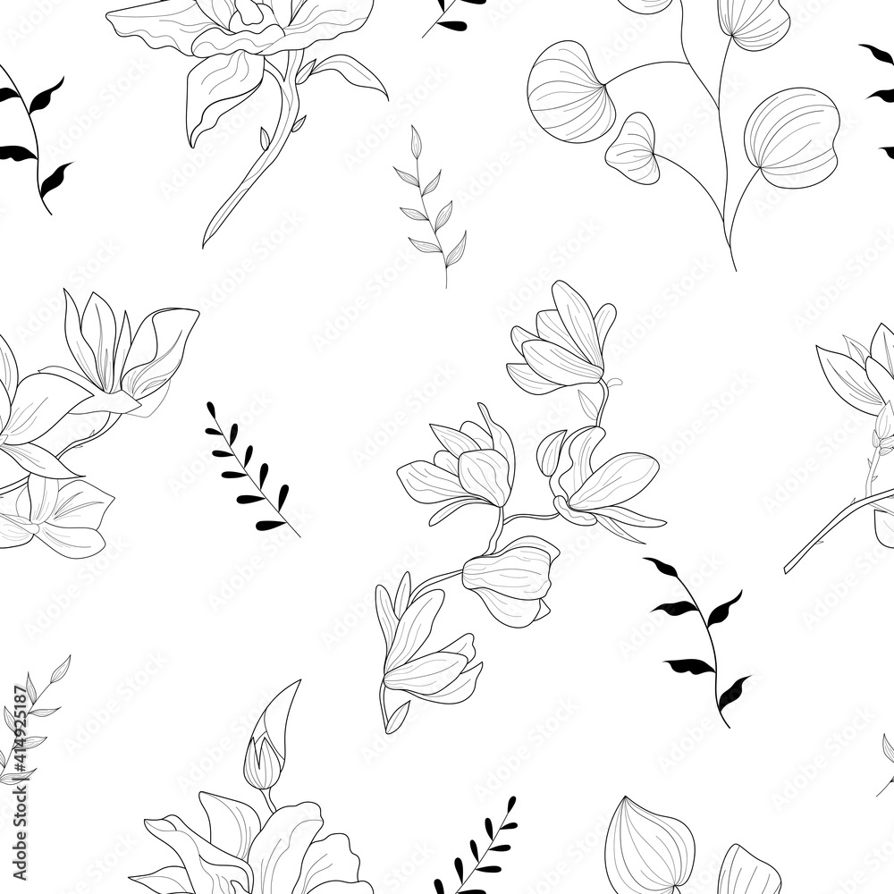 Botanical flower pattern. Foliage line art drawing. Minimal and natural botanical flower art. Vector illustration.