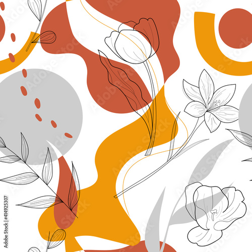 Botanical and abstract pattern. Foliage line art drawing with abstract shape. Abstract Plant Art design for print, cover, wallpaper, Minimal and natural wall art. Vector illustration.
