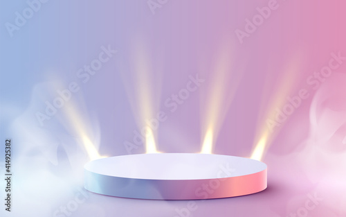 Abstract round podium illuminated with spotlight. Award ceremony concept. Stage backdrop.