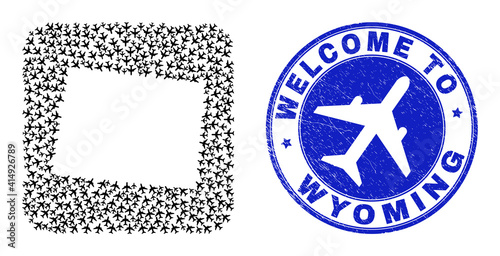 Vector mosaic Wyoming State map of transportation items and grunge Welcome stamp. Collage geographic Wyoming State map constructed as hole from rounded square with aeroplanes.