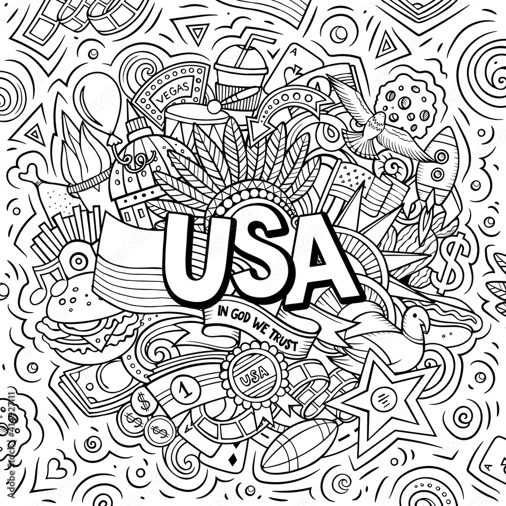 USA hand drawn cartoon doodle illustration.