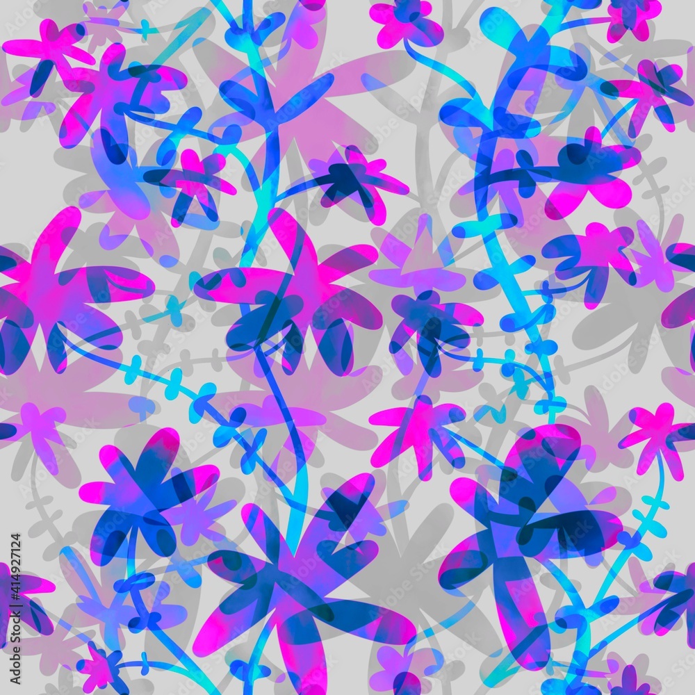 Floral endless pattern. Bright pink, purple, blue, lilac flowers. For textiles, fabrics, clothing, packaging, paper, decoration.