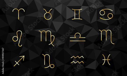 Gold zodiac signs. Astral symbols in black polygon background. Astrological horoscope.
