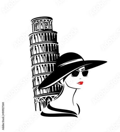 elegant woman with sunglasses wearing wide brimmed hat by leaning tower of pisa - stylish italian tourist black and white vector portrait