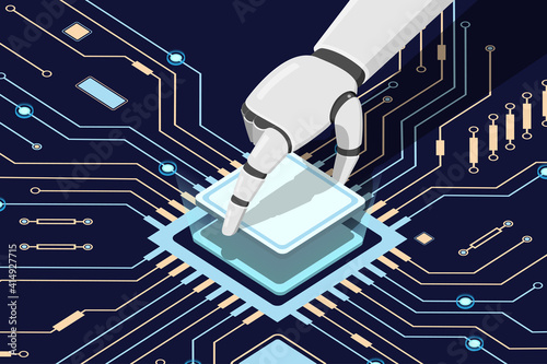 The robot installed the processor in the circuit board.