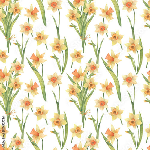 Seamless spring pattern with yellow daffodils. Can be used as a background texture, wrapping paper, textile, or Wallpaper design.