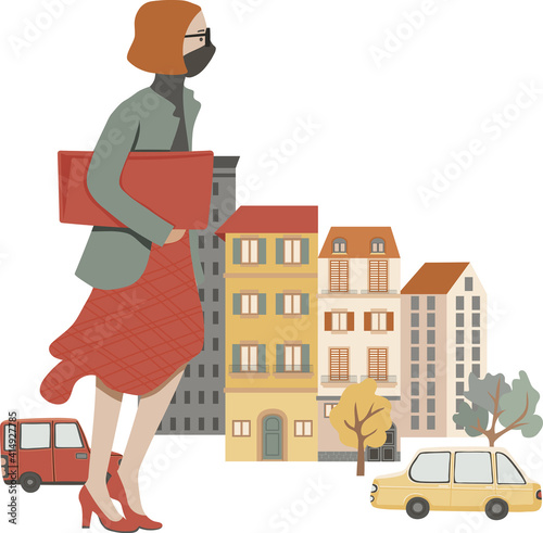 Young stylish woman walking on the street, wearing mask, vector illustration, isolated on white