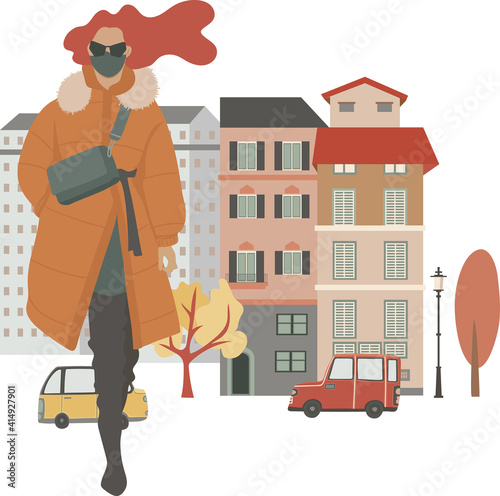 Young stylish woman walking on the street, wearing mask, vector illustration, isolated on white