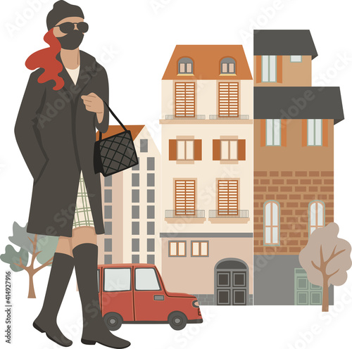 Young stylish woman walking on the street, wearing mask, vector illustration, isolated on white