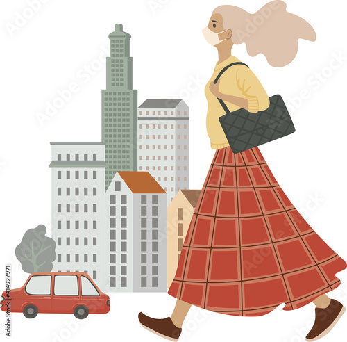 Young stylish woman walking on the street, wearing mask, vector illustration, isolated on white