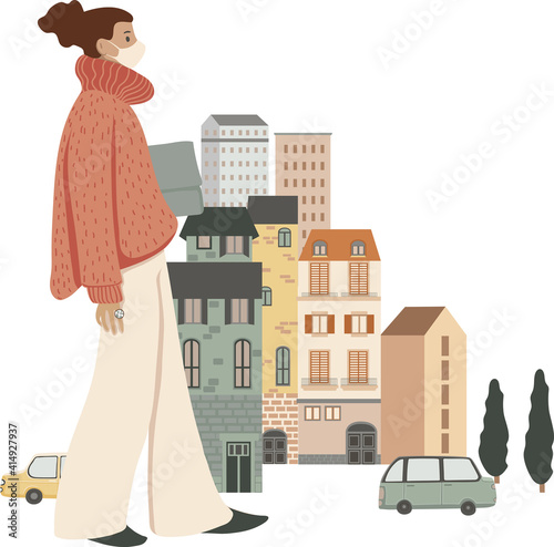 Young stylish woman walking on the street, wearing mask, vector illustration, isolated on white