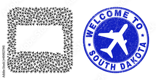 Vector mosaic South Dakota State map of air shipping elements and grunge Welcome badge. Mosaic geographic South Dakota State map constructed as hole from rounded square shape with airports.