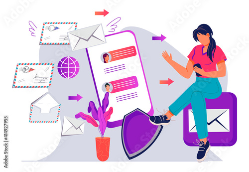 Social online communication and messaging, postal service concept with woman checking mailbox online. Online mail web technology, message and network, flat vector illustration isolated on white.