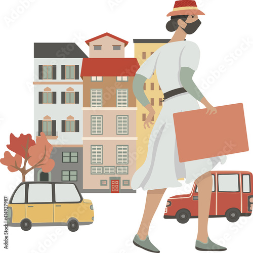 Young stylish woman walking on the street, holding folder, wearing mask, vector illustration, isolated on white