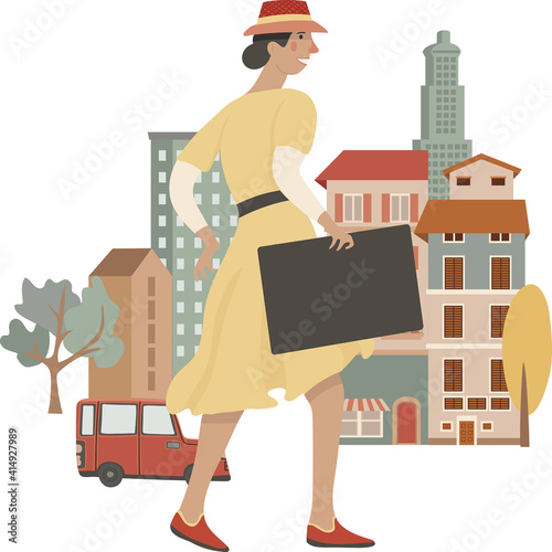 Young stylish woman walking on the street, holding folder, vector illustration, isolated on white