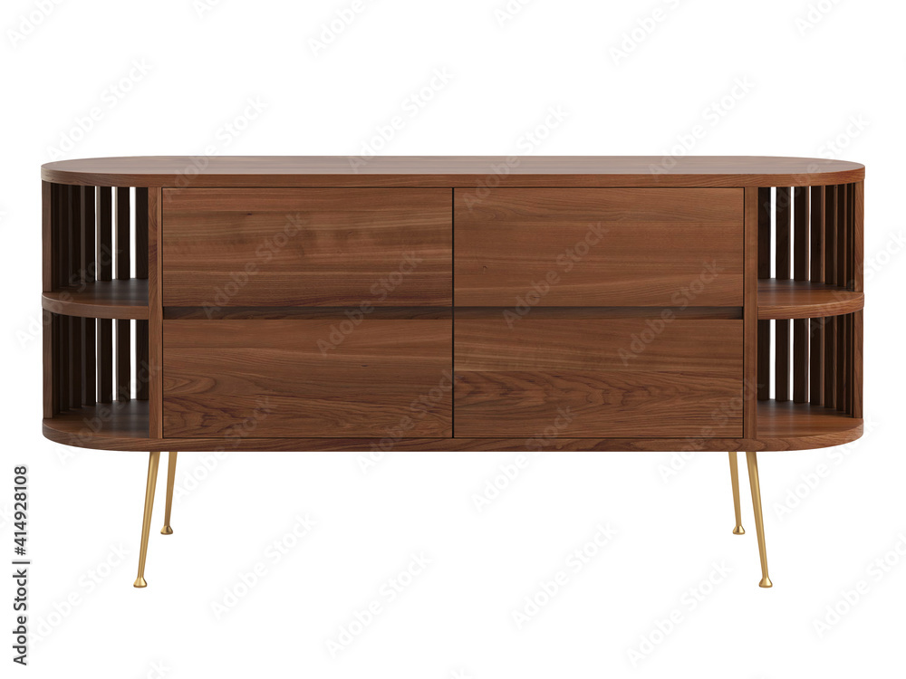 Wooden console cabinet with retractable shelves. 3d render
