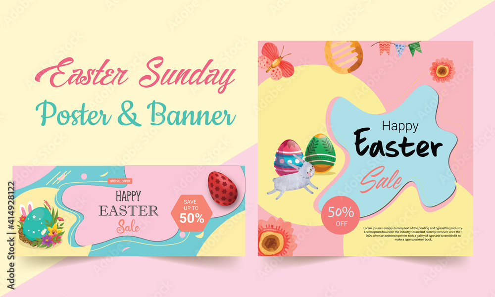 Happy Easter sales vector template with pink gold realistic-looking eggs. Sunday greeting card, postcard, invitation, poster, banner template.