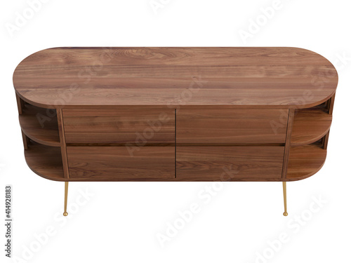 Wooden console cabinet with retractable shelves. 3d render