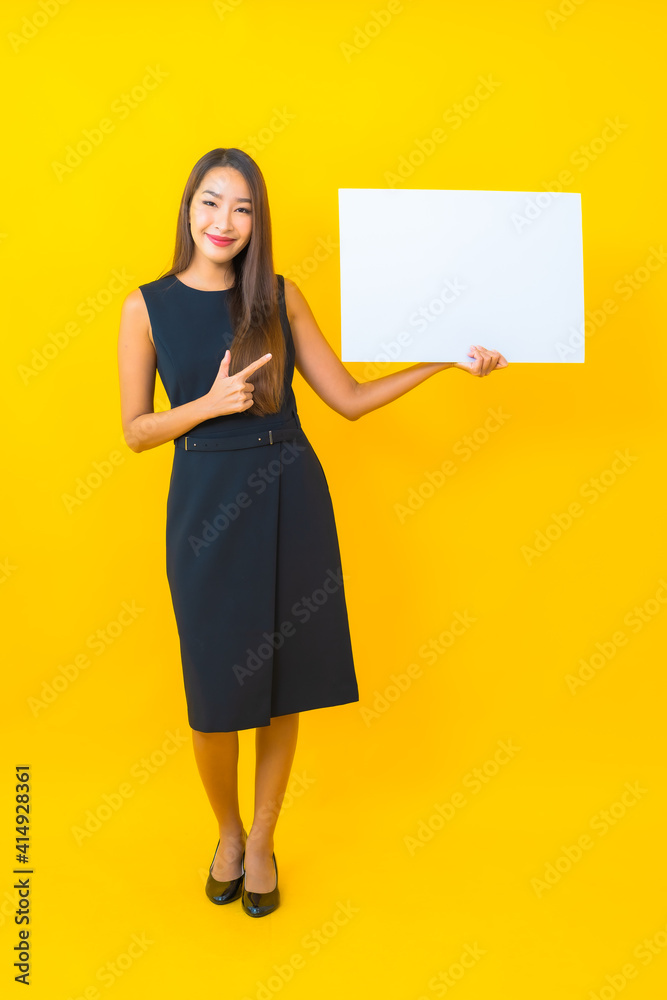 Portrait beautiful young asian woman show white empty billboard Portrait beautiful young asian woman show white empty billboard