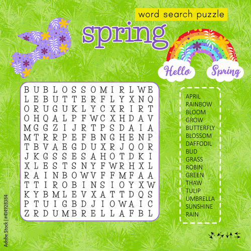 Spring word search puzzle with rainbow and bird. Logic game for learning English words.  Educational game for kids.  Crossword suitable for social media post. Сolorful worksheet. 