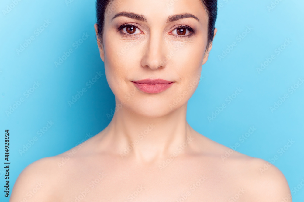 Cropped photo of young woman enjoy lifting hydration cosmetology procedure spa isolated over blue color background Cropped photo of young woman enjoy lifting hydration cosmetology procedure spa isolated over blue color background
