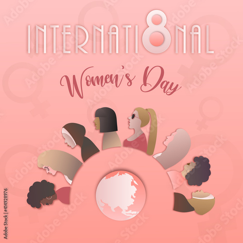 Women's Day 8 March Banner Group Of Diverse Girls Over Pink Background Vector Illustration photo