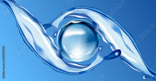 Water drops, blue and clear water drops, ocean water drops and splashes, pure Baikal water, logo of washing powder or clean fresh laundry, sale of pure water