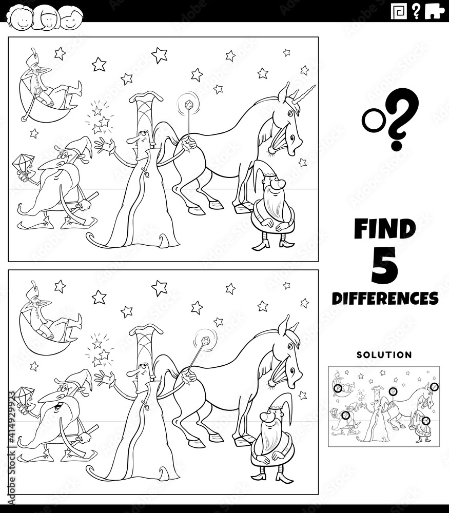 differences game with fantasy characters color book page