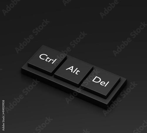 3d rendering, Closeup pressing control + alt + del shortcut on a black desktop wireless computer keyboard, Laptop keyboard, ctrl alt delete button with dark background, 3d render
