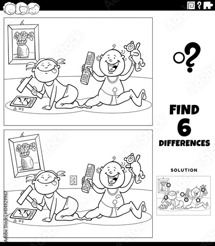 differences educational game with babies coloring book page