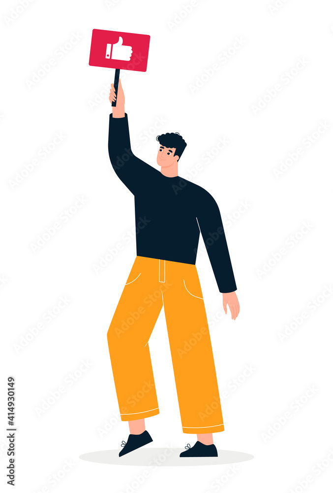 Man holding thumb up sign. Positive customer feedback, follower on social media, client satisfaction. Male character recommending, giving testimonial. User experience concept. Isolated modern vector