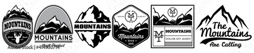 A set of templates for badges from the mountain in different designs. Vector monochrome illustration. Background solution
