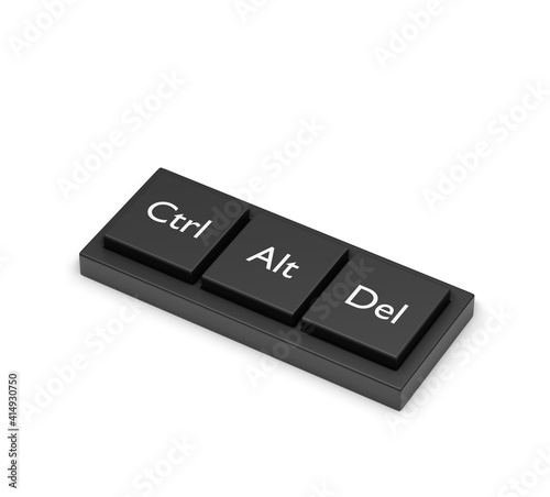 3d rendering, Closeup pressing control + alt + del shortcut on a black desktop wireless computer keyboard, Laptop keyboard, ctrl alt delete button with dark background, 3d render
