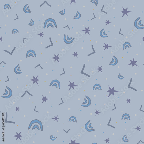 Seamless blue, gray, purple patterns and specks on a cyan background. Abstract design for boys, packaging, children's textiles, sportswear, wallpapers, fabrics, postcards, print