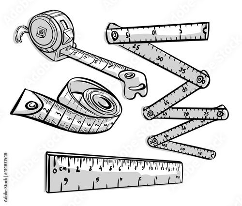 Set of Measuring tools. Hand drawn meusure tape and ruler in doodle, sketch style, isolated on white background. Vector illustration