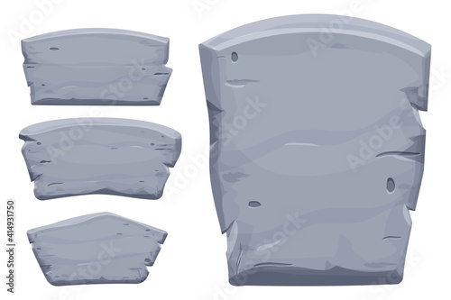 Set of Stone tablet, rock banner with cracked elements in cartoon style isolated on white background. Grey frame, block boulder for interface ui games.