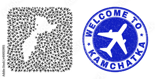 Vector collage Kamchatka map of airlines elements and grunge Welcome badge. Collage geographic Kamchatka map created as subtraction from rounded square shape with airlines.
