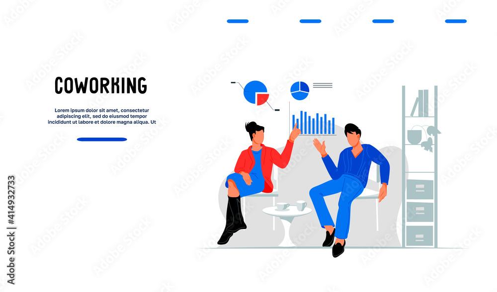 Coworking workspace for corporate meeting and cooperation concept of web site banner. Business people discuss work issues in a relaxed atmosphere of coworking office space, flat vector illustration.