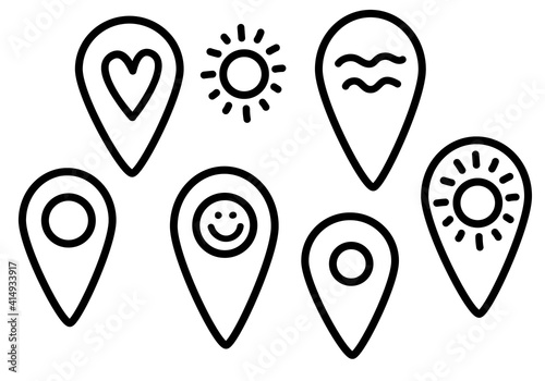 Vector doodle set of geotags with images of the sun, sea, smile. Map pointer icon. GPS location symbol. Map pin line design. Hand draw Geotag sign icon in doodle style. Black lines isolated on a white